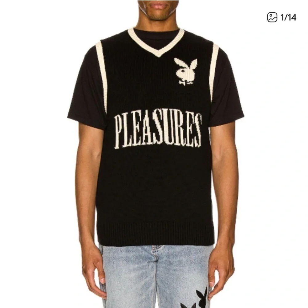 PLEASURES x Playboy Sweater Vest Vintage V-Neck Sleeveless Logo Pullover Sz L